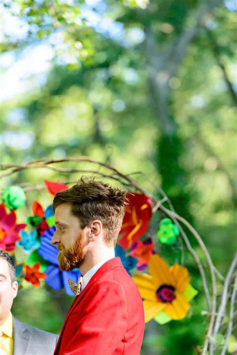 a same sex colourful handmade wedding at a forest retreat in