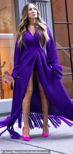 Sarah Jessica Parker Wears A Purple Knitted Dress And Hot Pink Shoes