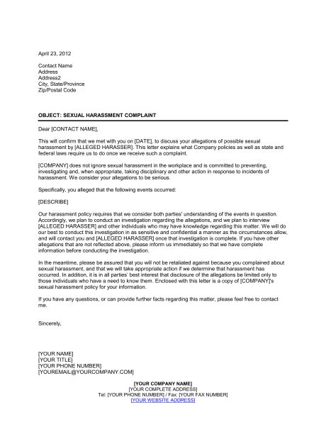Letter To Sexual Harassment Complainant Template Word