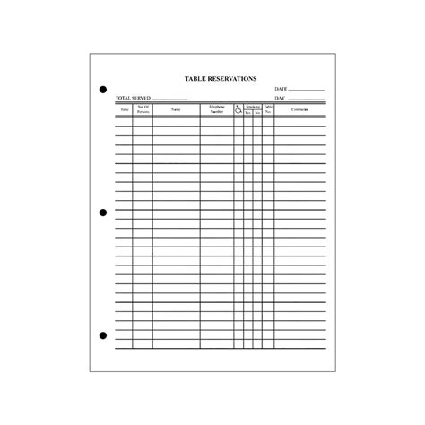printable restaurant reservation sheet template  printable
