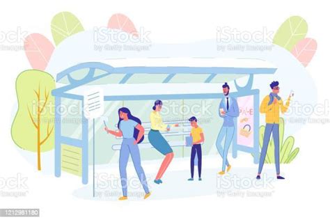 People Stand On Bus Stop And Chatting Mobile Phone Stock Illustration