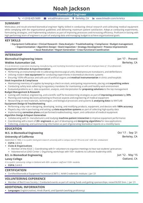 biomedical engineer resume   guide   examples entry
