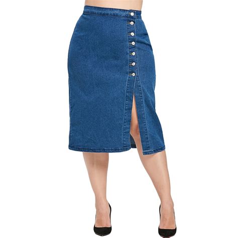 plus size high waist slit denim skirt women spring winter bodycon