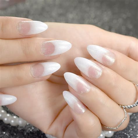 white french fake nails clear white  shimmer glitter pointed stiletto false nail art tips