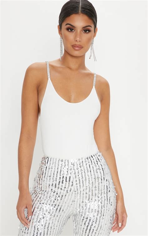 white diamante strappy bodysuit tops prettylittlething aus