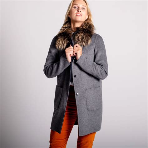 navy grey reversible cashmere and wool fur collar coat ladies country