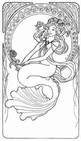 Coloring Pages Mermaid Printable Mucha Line Nouveau Adult Alphonse Kids Deviantart Adults Beach Awesome Color Book Butterfly Colouring Detail Popular sketch template