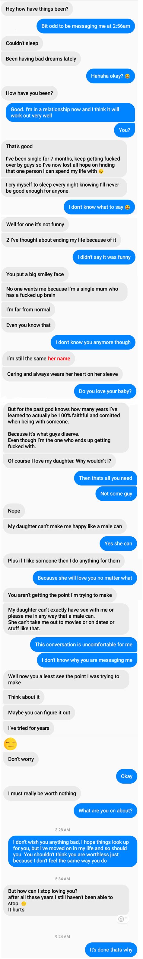 cheating ex messages me after 2 years of us not talking my daughter can t exactly have sex