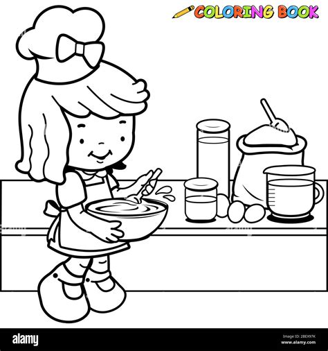 girl cooking   kitchen black  white coloring page