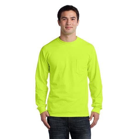 gildan  ultra cotton long sleeve  shirt  pocket safety green