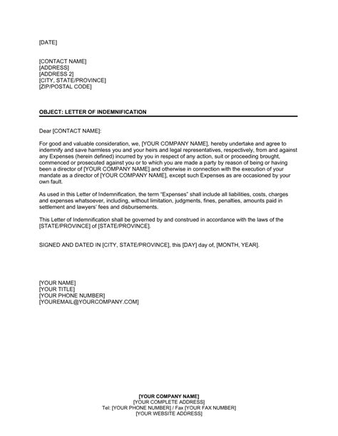 letter  indemnification   director template  business