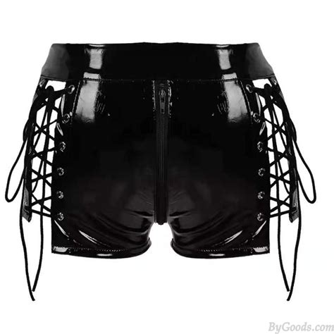 Sexy Black Patent Leather Zipper Open Crotch Shorts Tie Up Straps Low