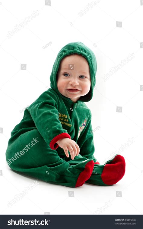 baby  elf costume   white background stock photo