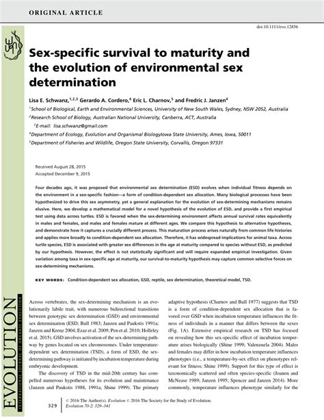 pdf sex specific survival to maturity and the evolution of