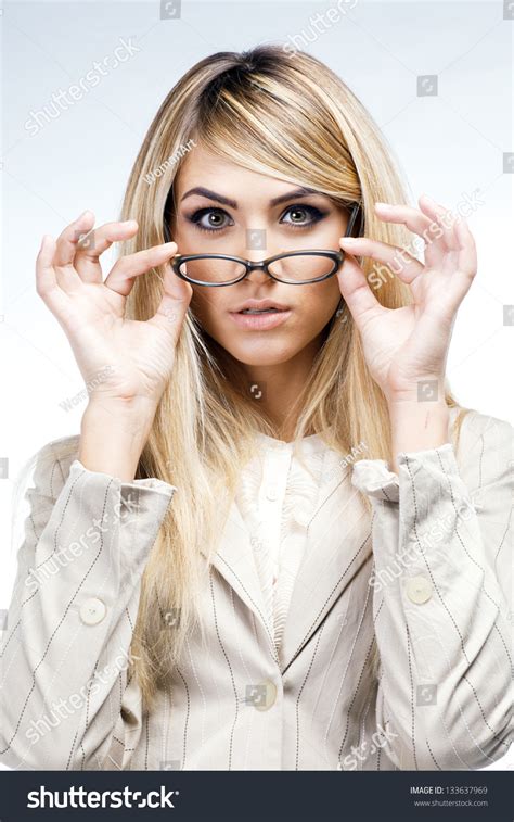 Pretty Smiling Woman In Glasses Over White Business Woman