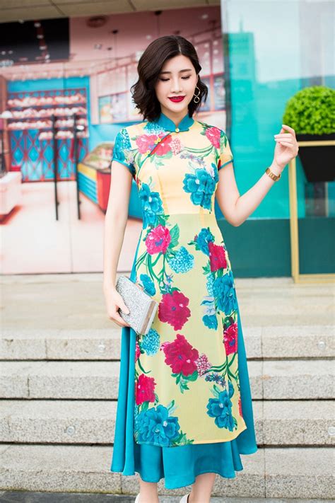 2018 Summer Print Floral Ao Dai Vietnamese Women Dress In Asia