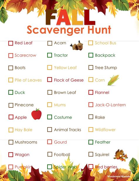 fall outdoor scavenger hunt printable