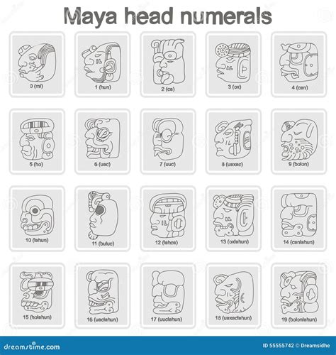 set  monochrome icons  maya head numerals glyphs stock vector image