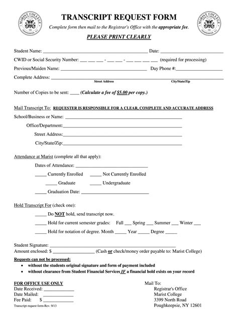 Transcript Request Marist College Form Fill Out And Sign Printable