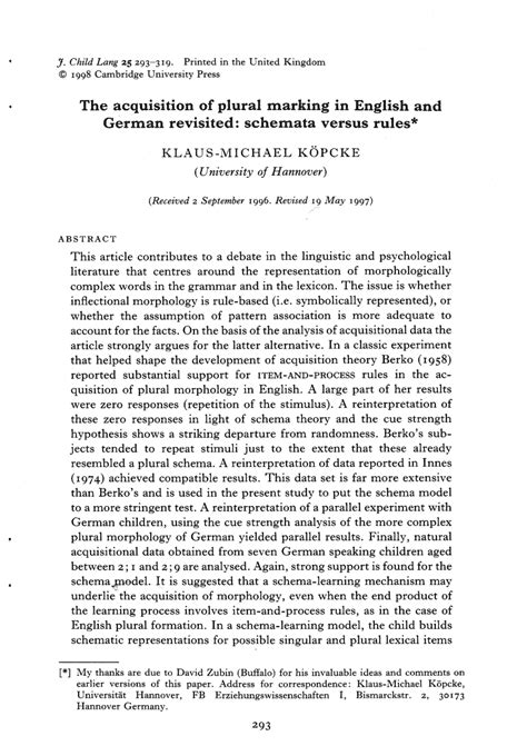 acquisition  plural marking  english  german revisited schemata  rules