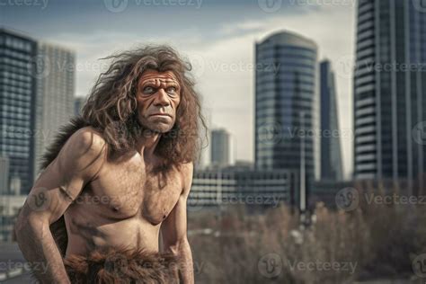 portrait  prehistoric man  city street  present time generative