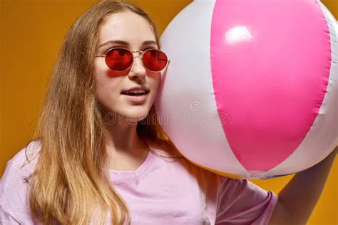 Cropped Of Teenage Girl With Beach Ball Look Away Stock Image Image
