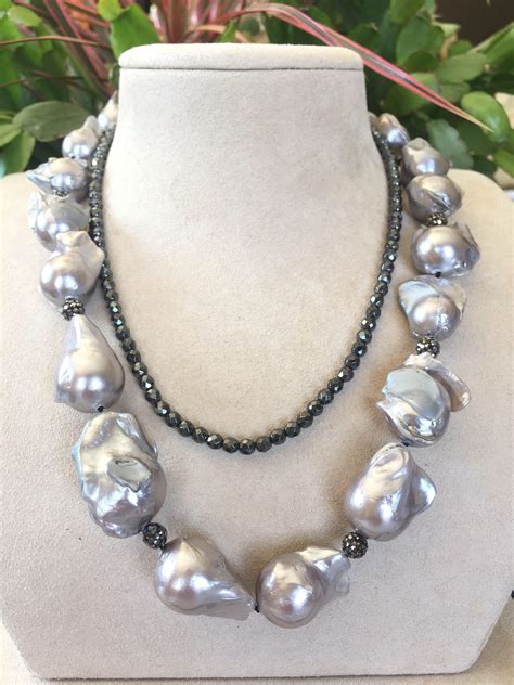 large grey baroque pearl hematite pave necklace silver etsy pearl jewelry necklace beaded