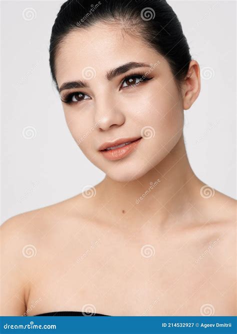 Perky Brunette Naked Shoulders Face Makeup Clean Skin Close Up Stock