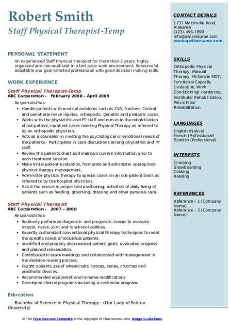 staff physical therapist resume samples qwikresume