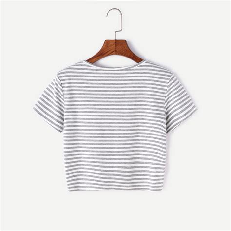 Bailey Cute Button Up Striped Crop Top T Shirt In Black And Grey