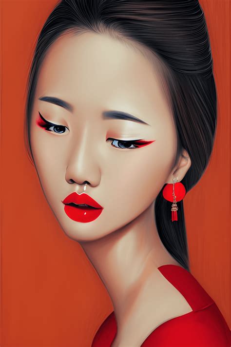 Portrait Of Beautiful Serene Asian Woman In Red Dress · Creative Fabrica