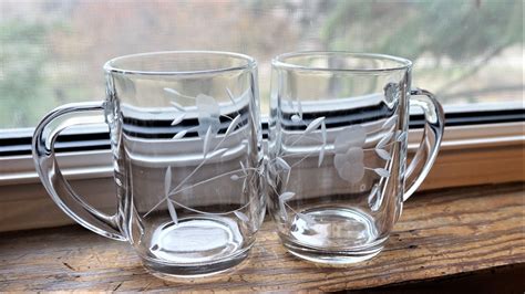 Etched Glass Coffee Mugs Set Of Two Heavy Glass Free Etsy