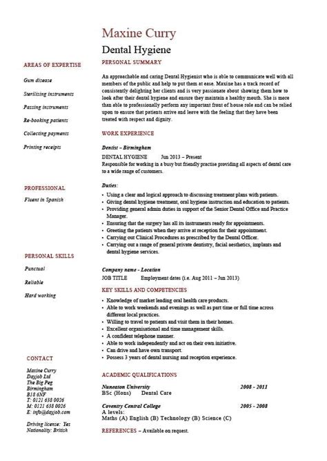dental hygiene resume hygienist template  job description