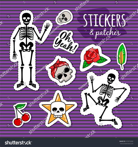 skeleton skull colorful stickers on violet stock vector