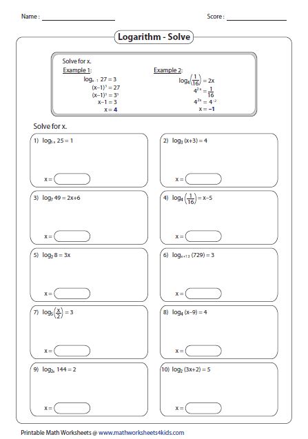 logarithms worksheets