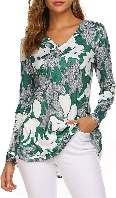 womens casual  neck print blouse long sleeve button  tunic tops shirts  greenxl amazon