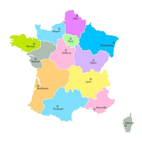 frankreich kartenhintergrund mit regionen regionsnamen und staedten
