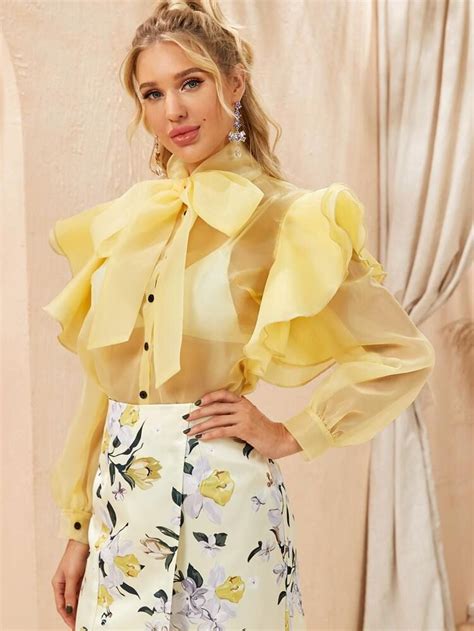 tie neck ruffle trim sheer blouse without bra shein usa in 2020