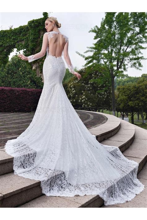 Long Sleeves Lace Open Back Mermaid Wedding Dresses Bridal