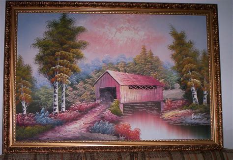 covered bridge framed painting oil  canvas    bridges