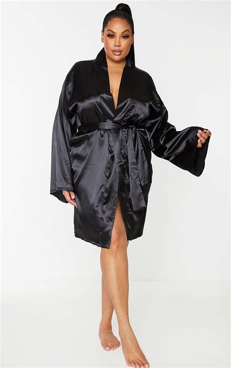 Plus Black Satin Robe Plus Size Prettylittlething Usa
