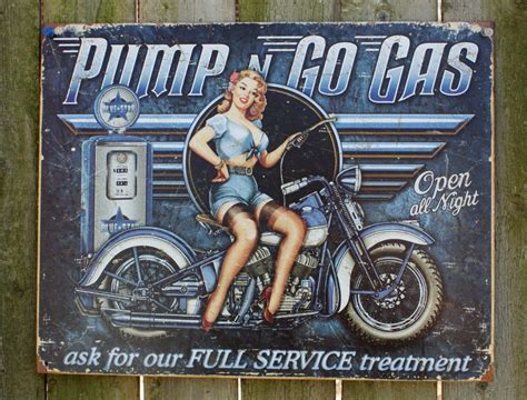 Pump N Go Motorcycle Tin Sign Man Cave Garage Pin Up Girl