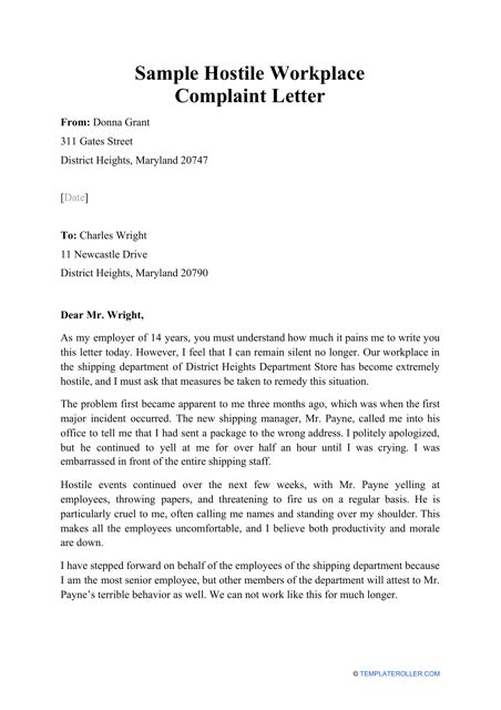 sample hostile workplace complaint letter  printable