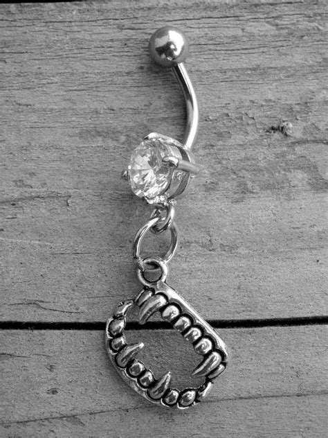 Silver Vampire Fangs Diamond Belly Button Ring By Ink