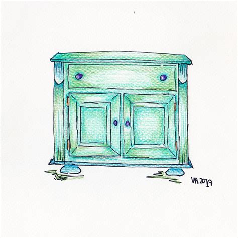 groen blauw kastje tekening met kleurpotlood violartillustraties violart