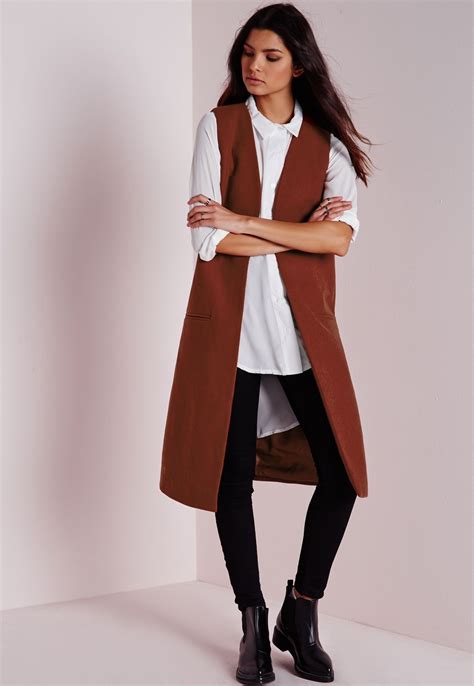 missguided longline sleeveless tailored wool blazer rust wool