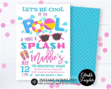 Pool Party Invitation Swimming Birthday Party Pool