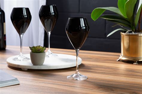 set of 6 black v shaped wine glasses with clear stem