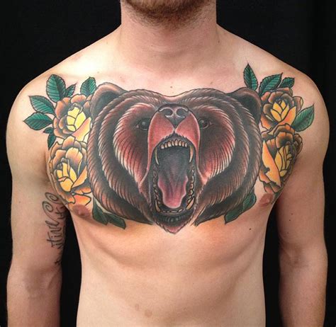 Bear And Roses Chest Tattoo By Jeff Johnson Tattoonow