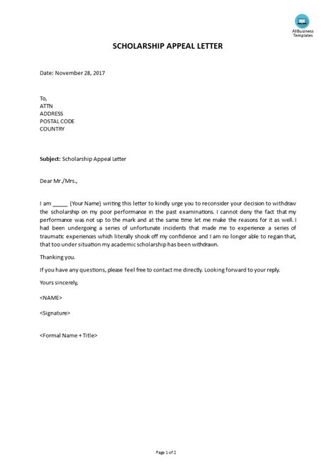 scholarhip appeal letter allbusinesstemplatescom